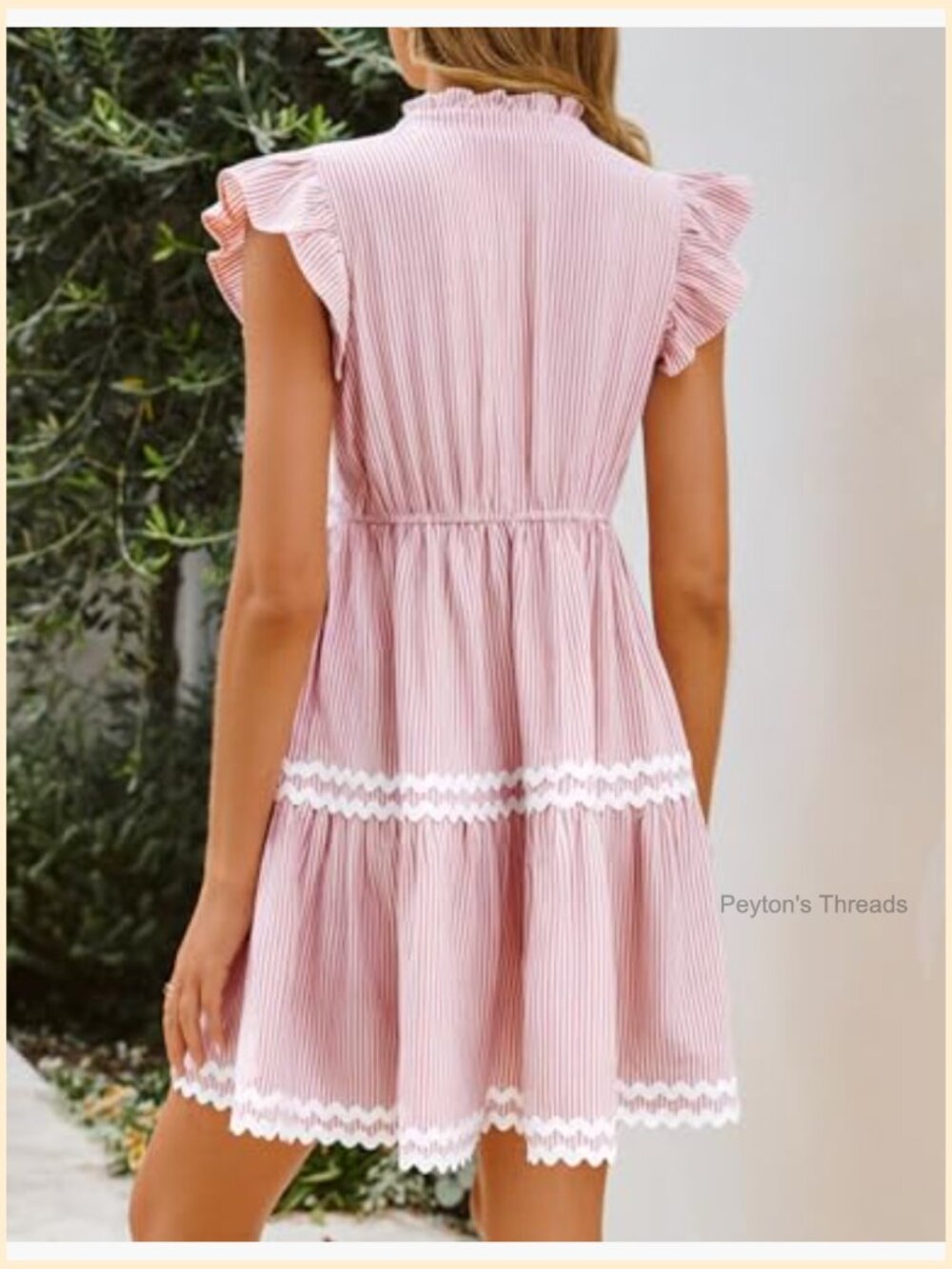 V Neck Flutter Sleeve Striped Ruffle A Line Mini Dress Beach Vacation - Picture 6 of 7